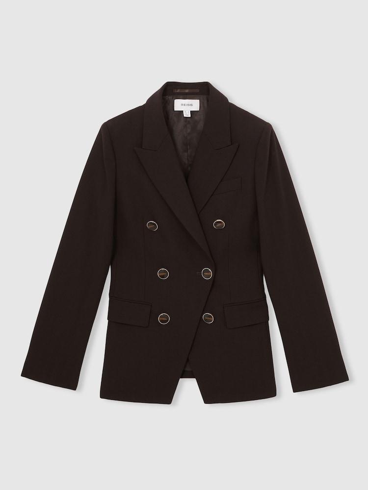 Reiss Chocolate Brown Lia Wool-Blend Double-Breasted Blazer - Image 2 of 6