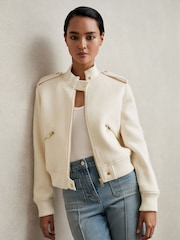 Reiss Cream Cleo Brushed Wool Epaulette Bomber Jacket - Image 1 of 6