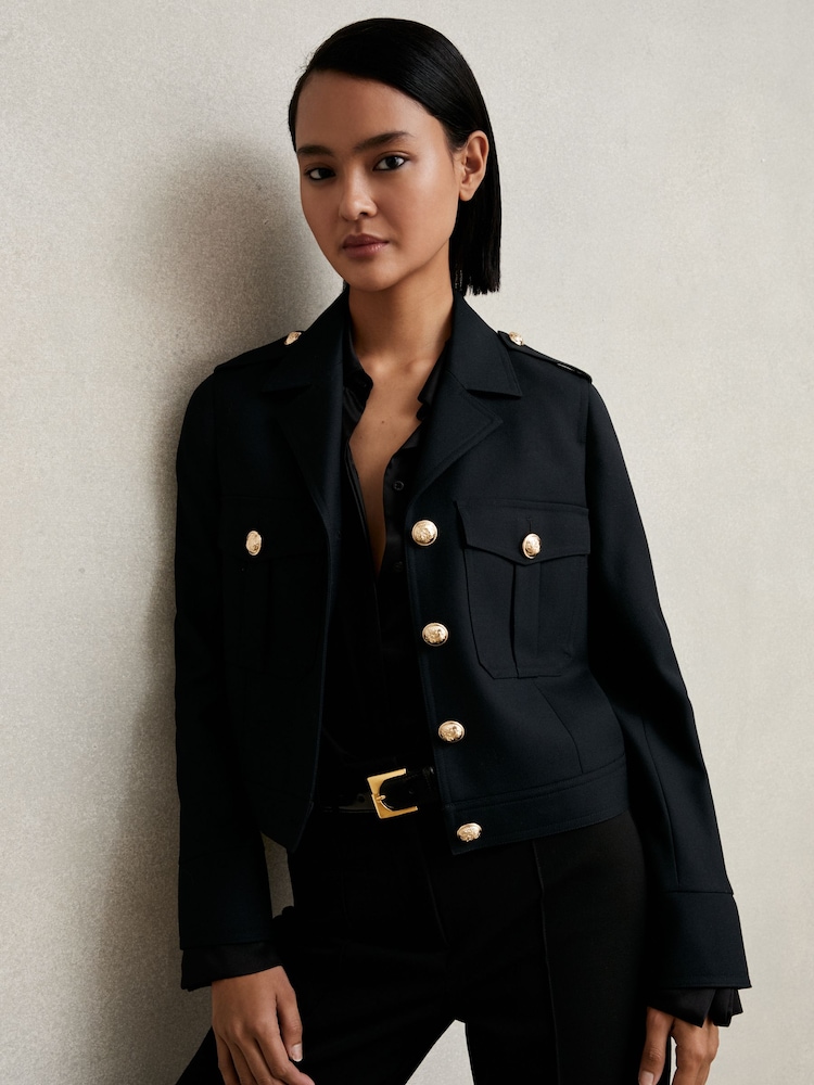 Reiss Black Jaque Wool Twin Pocket Cropped Jacket - Image 1 of 6