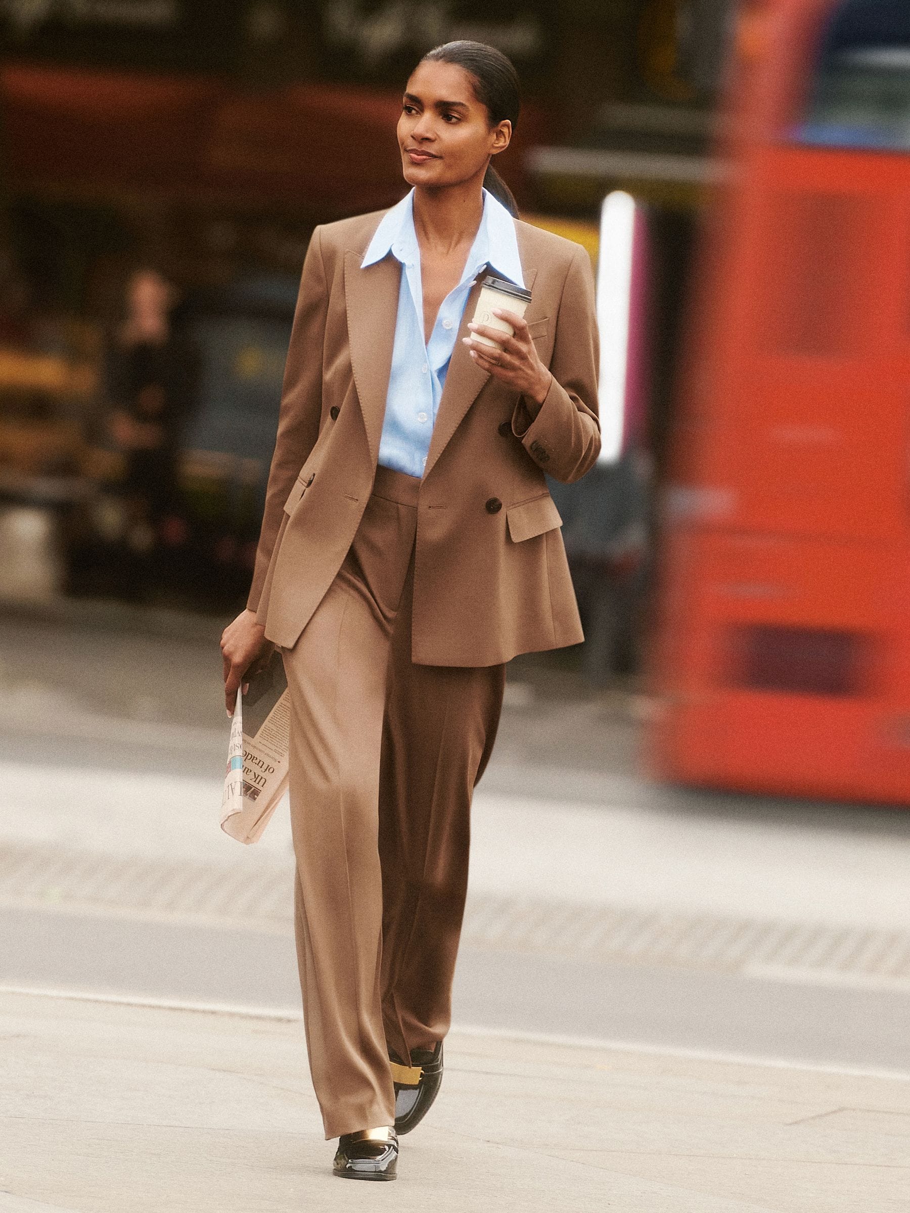 Reiss Tan Wool-blend Wide-leg Suit Trousers In Brown