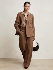 Reiss Tan Solene Wool Blend Wide Leg Suit Trousers - Image 1 of 7
