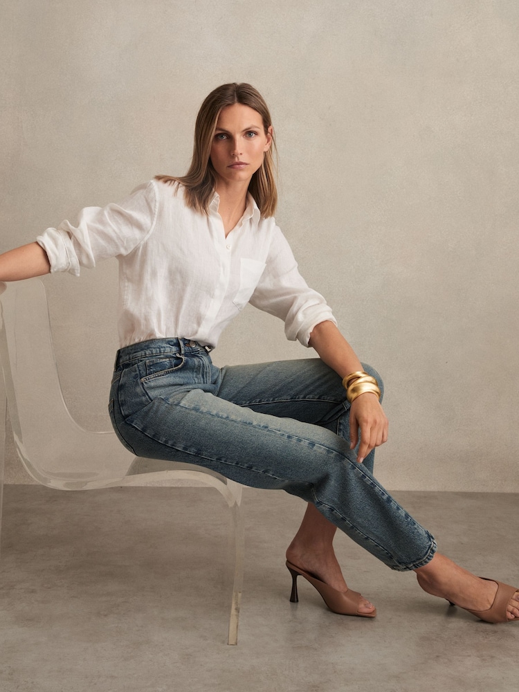 Reiss Mid Blue Molly Petite Barrel-Leg Seam Jeans - Image 1 of 8