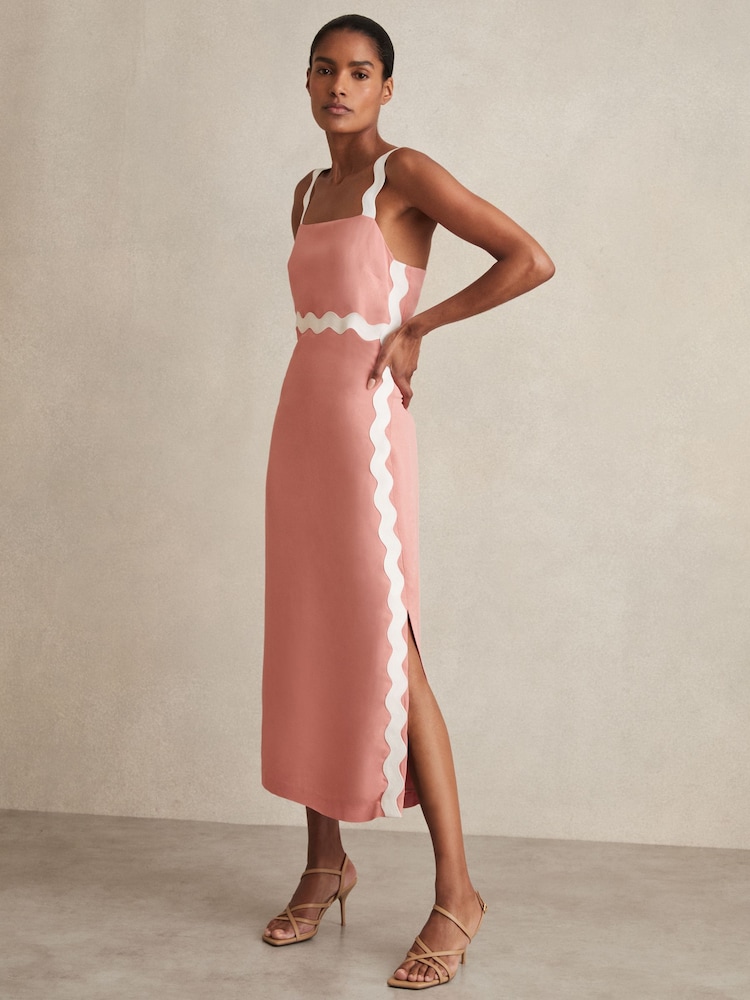 Reiss Pink Asher Wave Trim Crepe Midi Dress - Image 1 of 6