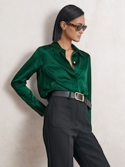 Reiss Green Ameira Silk-Satin Concealed-Placket Shirt - Image 1 of 6