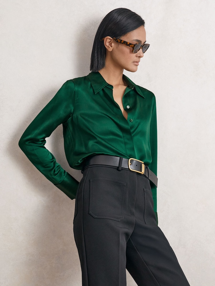 Reiss Green Ameira Silk-Satin Concealed-Placket Shirt - Image 1 of 6