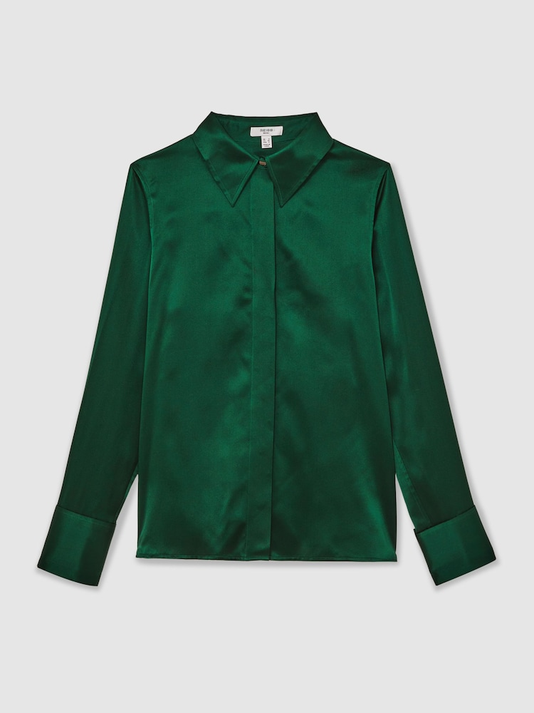 Reiss Green Ameira Silk-Satin Concealed-Placket Shirt - Image 2 of 6