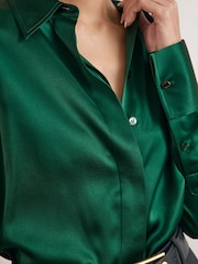 Reiss Green Ameira Silk-Satin Concealed-Placket Shirt - Image 4 of 6