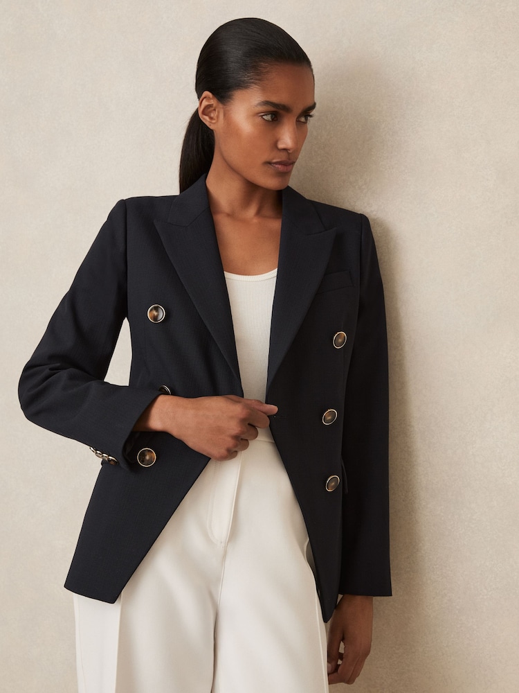 Reiss Navy Lia Wool-Blend Double-Breasted Blazer - Image 1 of 7