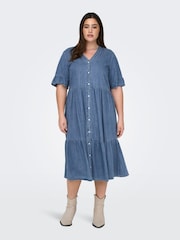 ONLY Curve Blue Chambray Denim Tiered Midi Shirt Dress - Image 1 of 6