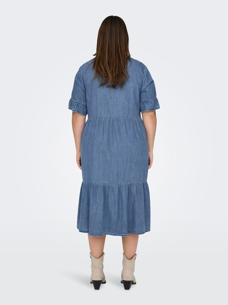 ONLY Curve Blue Chambray Denim Tiered Midi Shirt Dress - Image 2 of 6