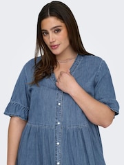 ONLY Curve Blue Chambray Denim Tiered Midi Shirt Dress - Image 3 of 6