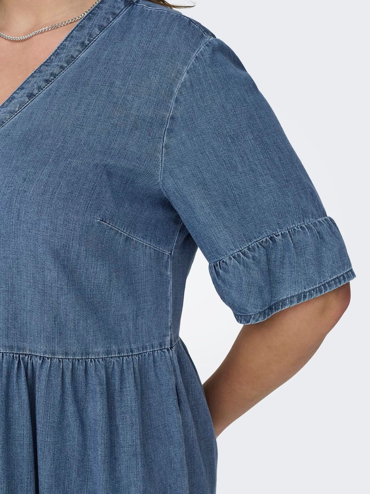 ONLY Curve Blue Chambray Denim Tiered Midi Shirt Dress - Image 4 of 6