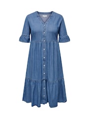 ONLY Curve Blue Chambray Denim Tiered Midi Shirt Dress - Image 5 of 6