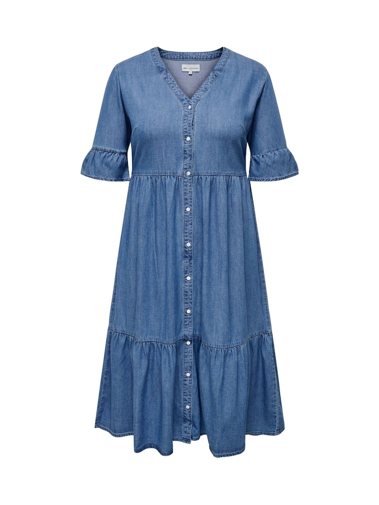 ONLY Curve Blue Chambray Denim Tiered Midi Shirt Dress - Image 5 of 6