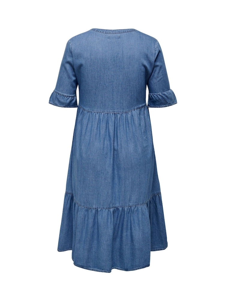 ONLY Curve Blue Chambray Denim Tiered Midi Shirt Dress - Image 6 of 6