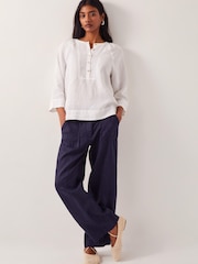 Monsoon Blue Jolie Short Linen Wide Leg Trousers - Image 1 of 4