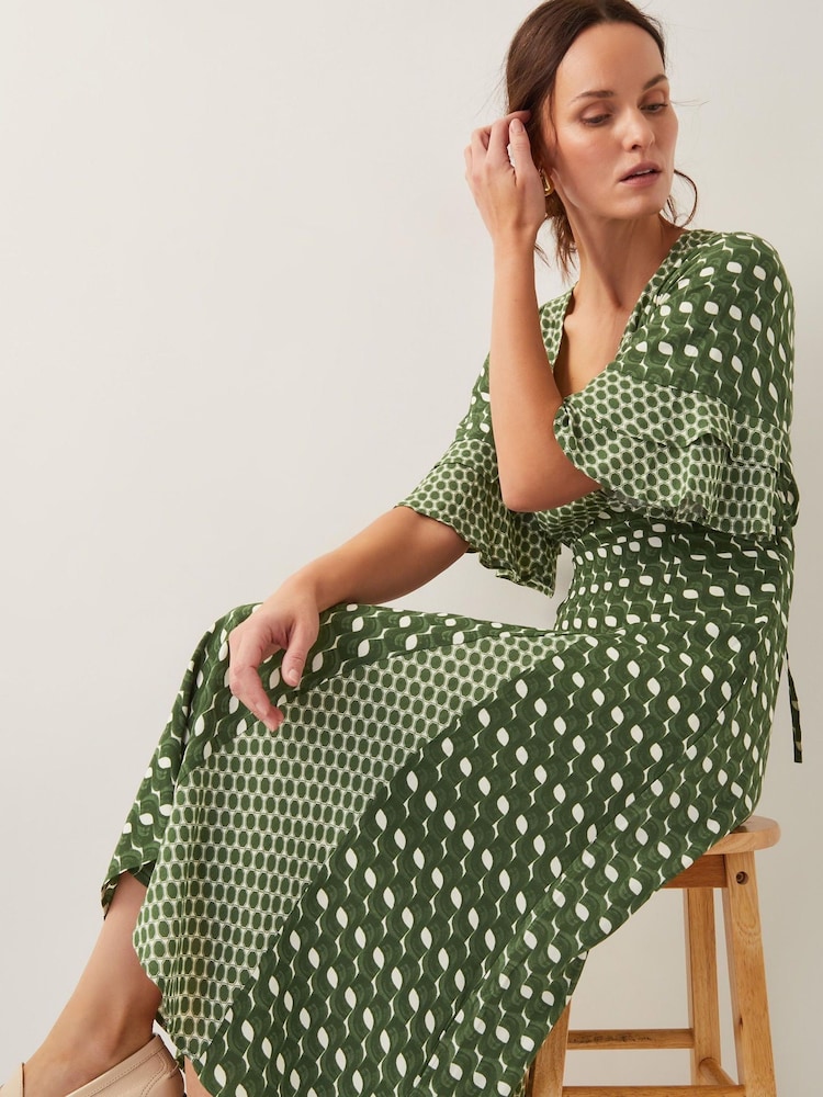 Monsoon Green Maren Geometric Print Midi Tea Dress - Image 1 of 4