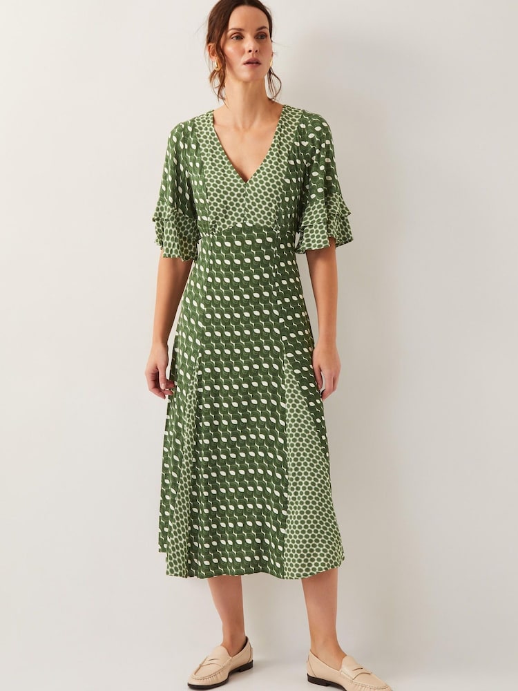 Monsoon Green Maren Geometric Print Midi Tea Dress - Image 2 of 4