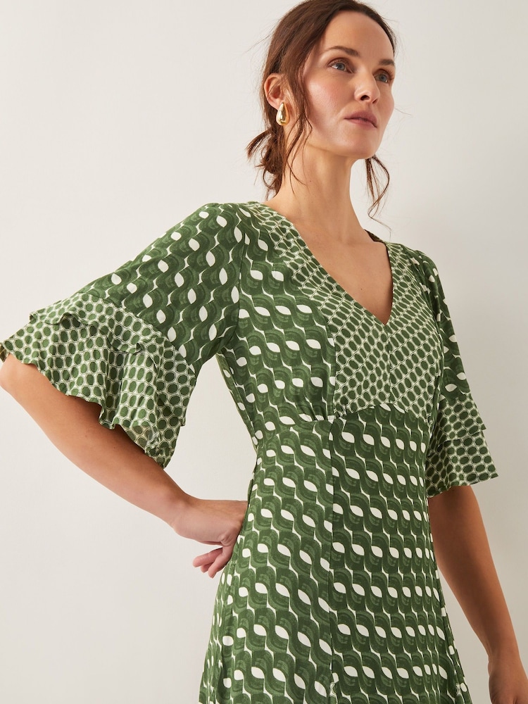 Monsoon Green Maren Geometric Print Midi Tea Dress - Image 4 of 4