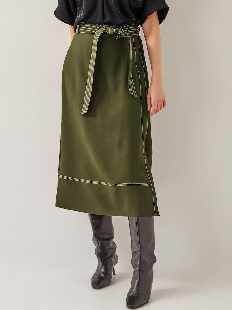 Monsoon Green Katya Tie Waist Midi Skirt - Image 2 of 6