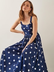 Monsoon Blue Sicily Polka Dot Fit & Flare Midi Dress - Image 1 of 6