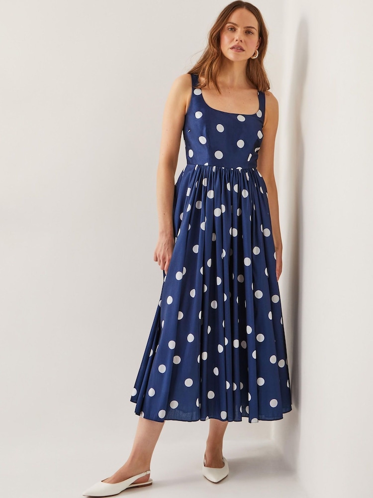 Monsoon Blue Sicily Polka Dot Fit & Flare Midi Dress - Image 2 of 6 Monsoon Blue Sicily Polka Dot Fit & Flare Midi Dress - Image 2 of 6