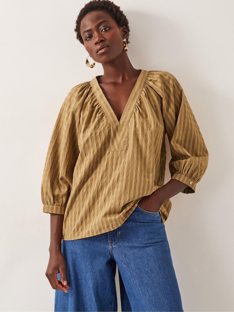 Monsoon Brown Suzi 3/4 Sleeve Check Top - Image 1 of 4