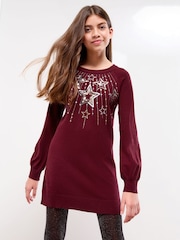 Lipsy Berry Red Star Christmas Crew Neck Knitted Dress (5-16yrs) - Image 1 of 5