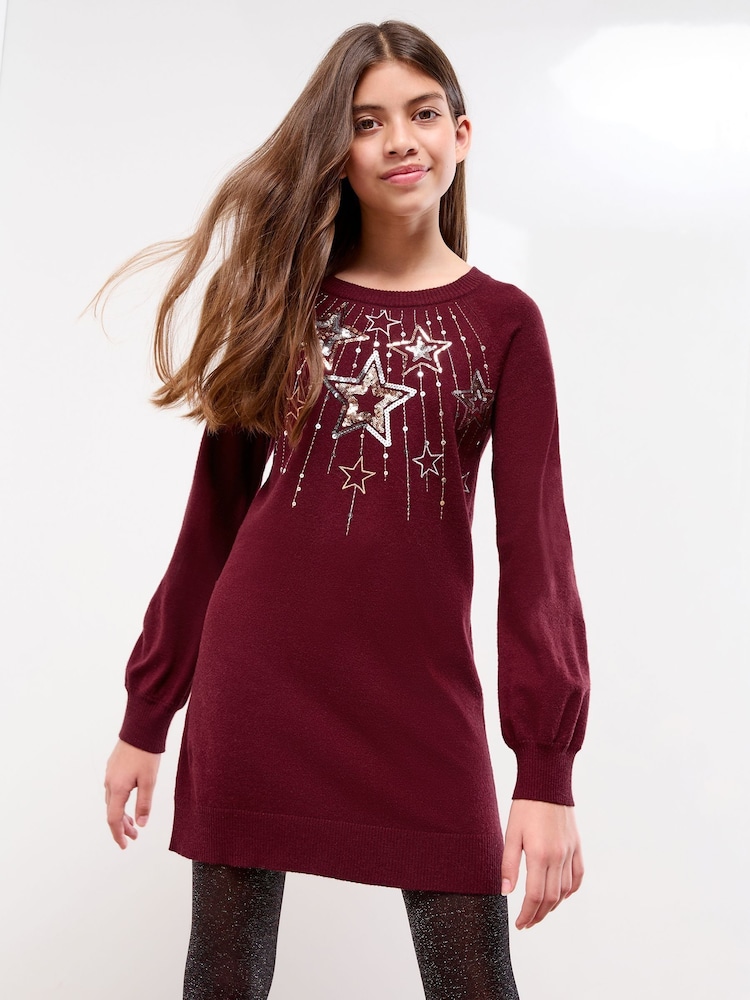 Lipsy Berry Red Star Christmas Crew Neck Knitted Dress (5-16yrs) - Image 1 of 5