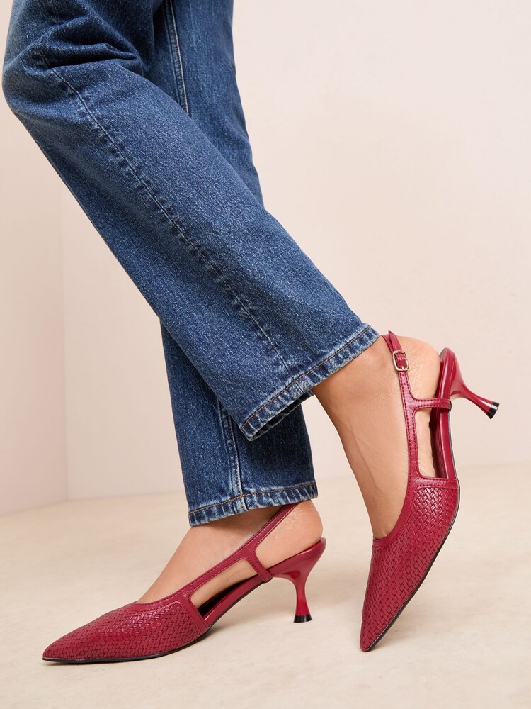Friends Like These Red Woven Slingback Kitten Heel Pointed Toe Faux Leather Court Shoes - Image 1 of 4
