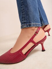 Friends Like These Red Woven Slingback Kitten Heel Pointed Toe Faux Leather Court Shoes - Image 4 of 4