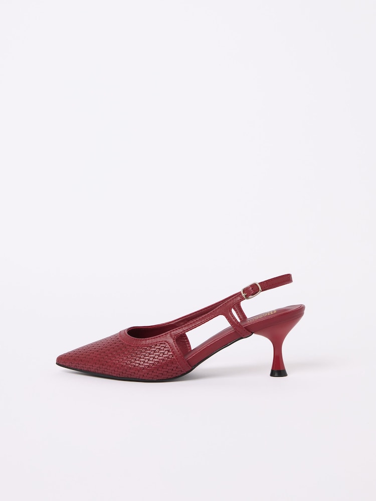 Friends Like These Red Woven Slingback Kitten Heel Pointed Toe Faux Leather Court Shoes - Image 5 of 5 Friends Like These Red Woven Slingback Kitten Heel Pointed Toe Faux Leather Court Shoes - Image 5 of 5