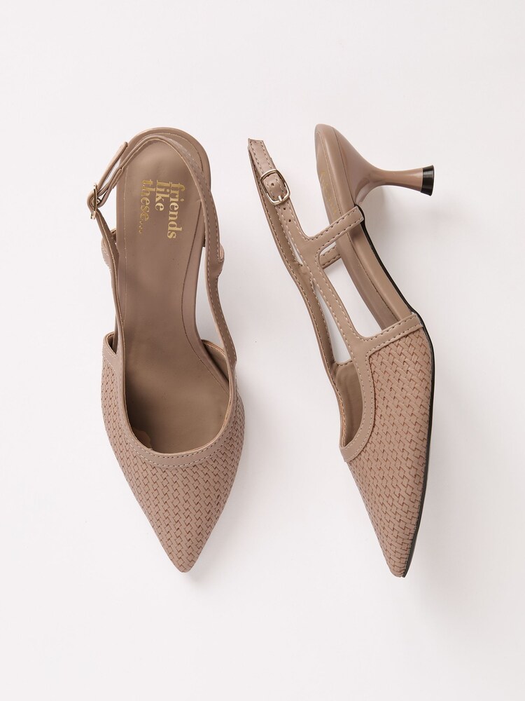 Friends Like These Taupe Woven Slingback Kitten Heel Pointed Toe Faux Leather Court Shoes - Image 1 of 5