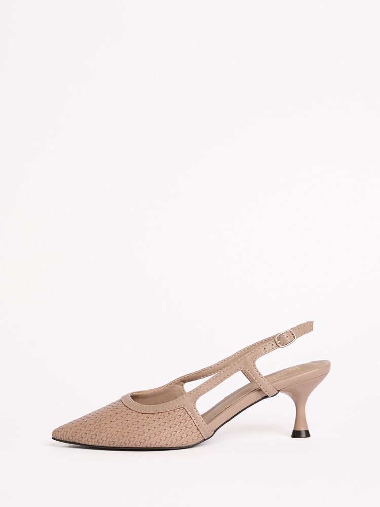 Friends Like These Taupe Woven Slingback Kitten Heel Pointed Toe Faux Leather Court Shoes - Image 2 of 5