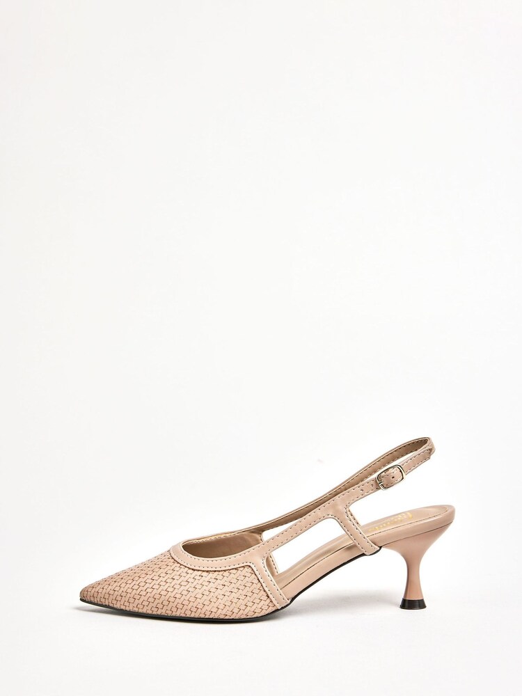 Friends Like These Taupe Woven Slingback Kitten Heel Pointed Toe Faux Leather Court Shoes - Image 5 of 5