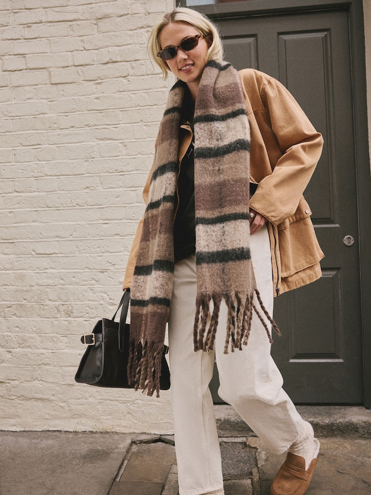 Brown Check Heavyweight Brushed Blanket Scarf - Image 1 of 9 Brown Check Heavyweight Brushed Blanket Scarf - Image 1 of 9
