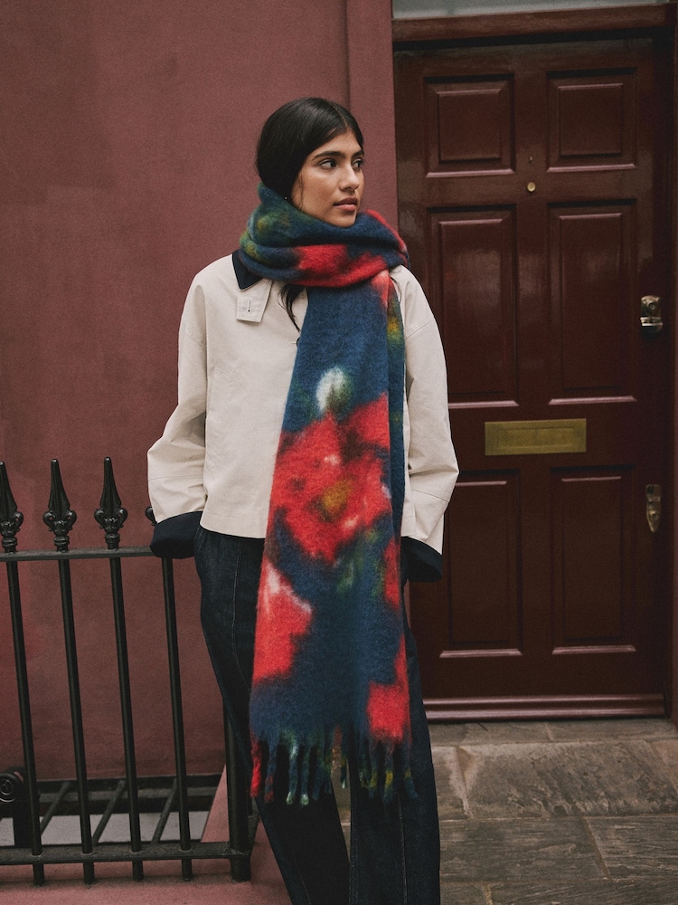 Navy Blue Floral Brushed Blanket Heavyweight Scarf - Image 1 of 8