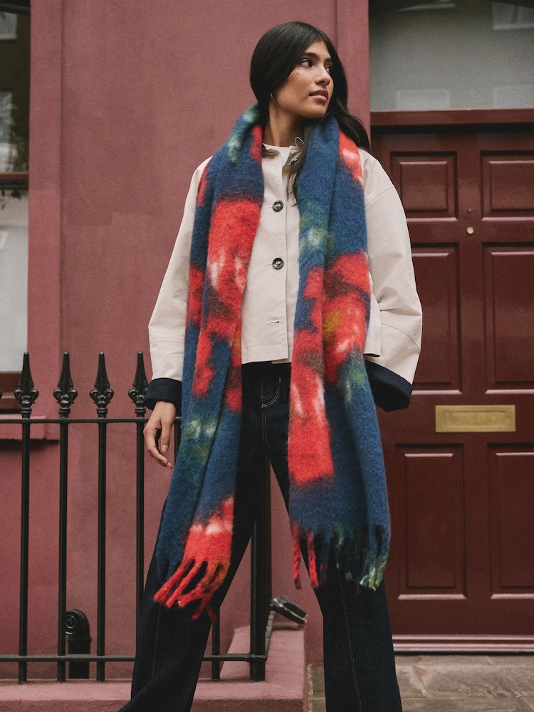 Navy Blue Floral Brushed Blanket Heavyweight Scarf - Image 2 of 8