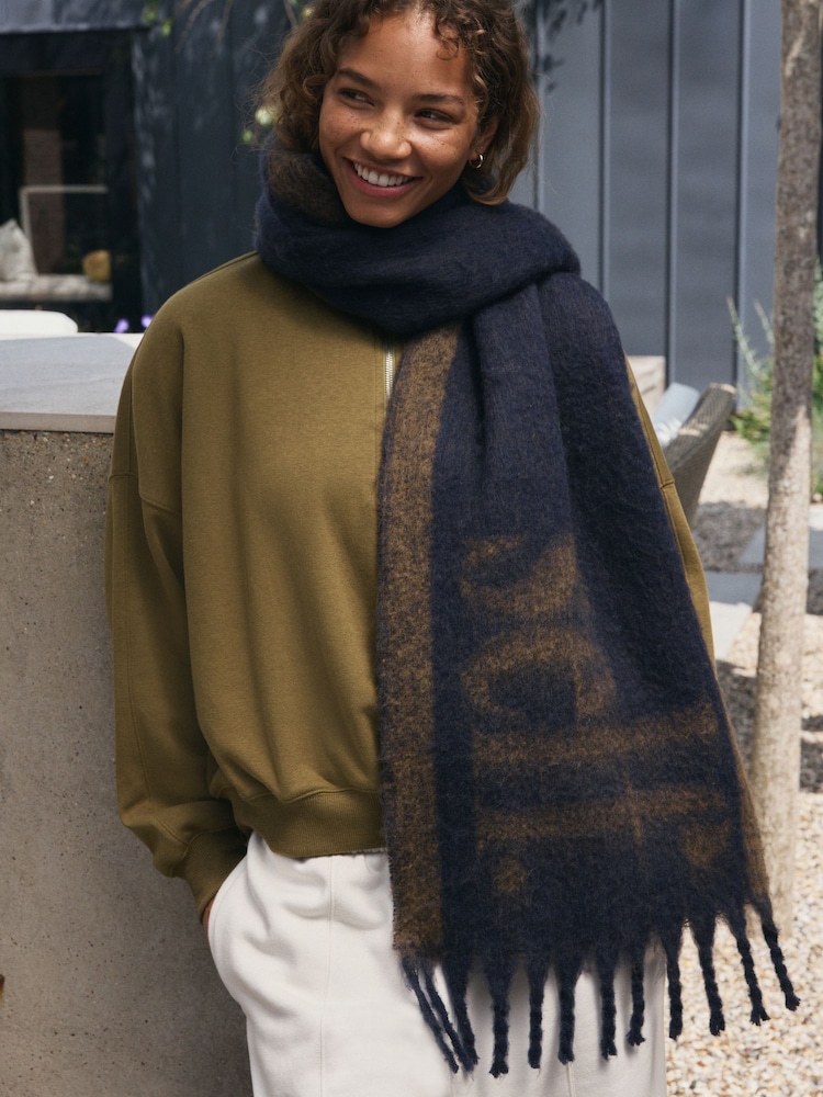 self. Navy/Camel Slogan Heavyweight Brushed Blanket Scarf - Image 1 of 7