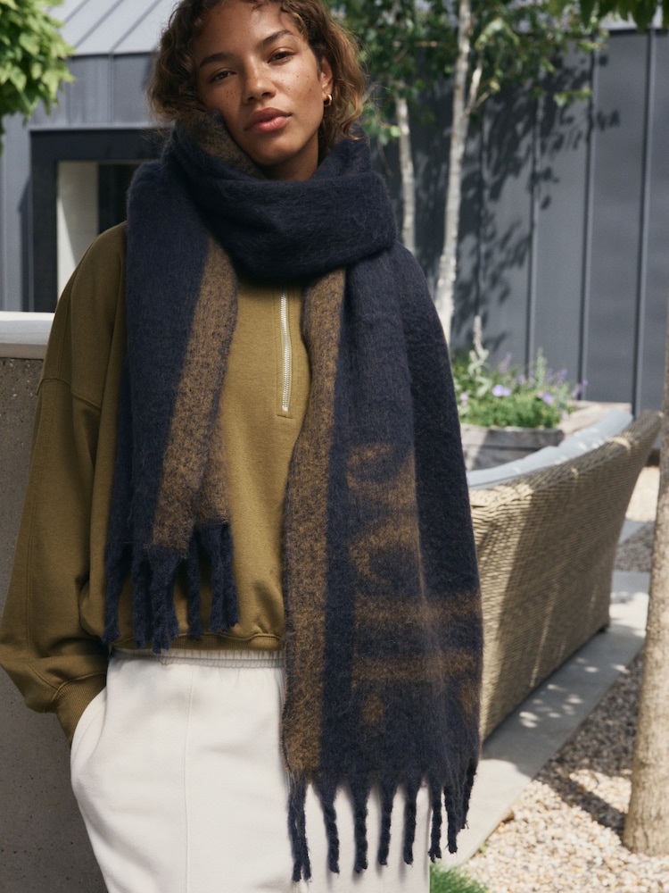 self. Navy/Camel Slogan Heavyweight Brushed Blanket Scarf - Image 2 of 7