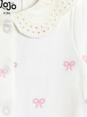 JoJo Maman Bébé Cream Pretty Bow Footed Embroidered Sleepsuit - Image 4 of 4