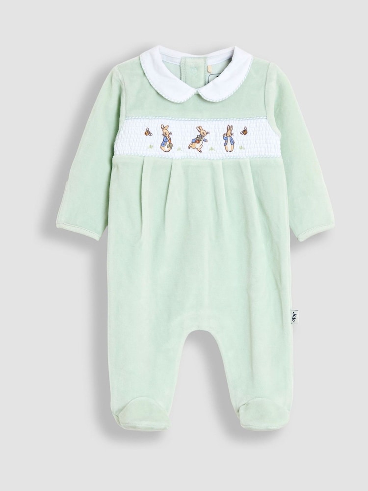 JoJo Maman Bébé Mint Peter Rabbit Velour Smocked Collared All-In-One - Image 1 of 3