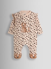 بني طباعة شكل جلد فهد - JoJo Maman Bébé 100% Cotton Footed Frill Sleepsuit - Image 1 of 3