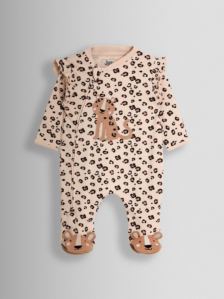 بني طباعة شكل جلد فهد - JoJo Maman Bébé 100% Cotton Footed Frill Sleepsuit - Image 1 of 3