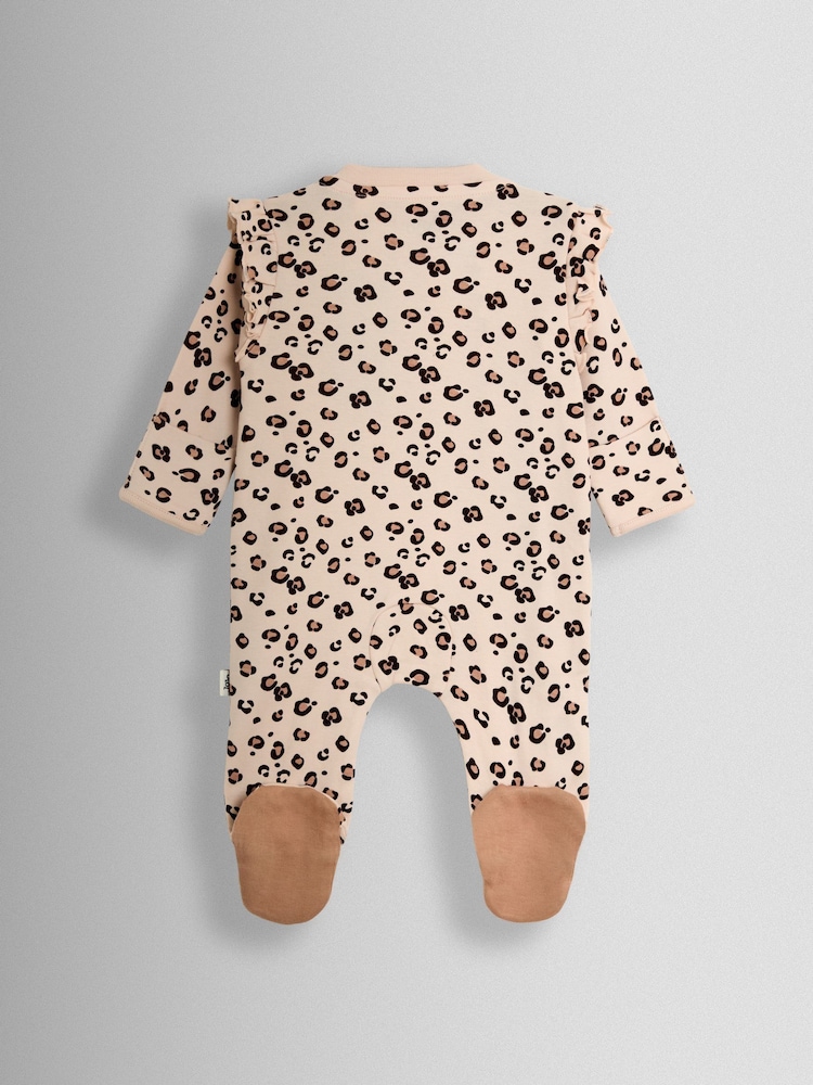 بني طباعة شكل جلد فهد - JoJo Maman Bébé 100% Cotton Footed Frill Sleepsuit - Image 2 of 3