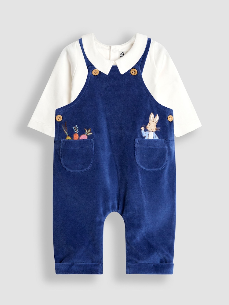 JoJo Maman Bébé Blue Peter Rabbit™ Velour Dungaree Set - Image 1 of 6