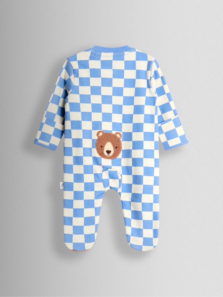 JoJo Maman Bébé Blue Bear Chequered Appliqué Zip Footed Sleepsuit - Image 2 of 4 JoJo Maman Bébé Blue Bear Chequered Appliqué Zip Footed Sleepsuit - Image 2 of 4