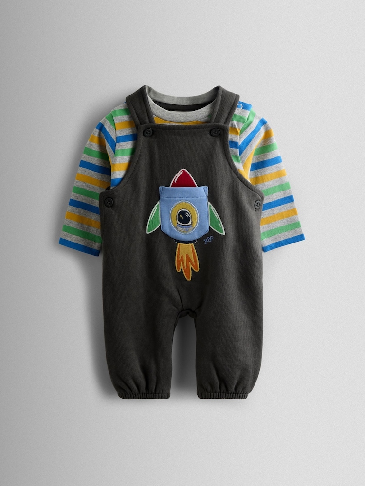 JoJo Maman Bébé Charcoal Grey Rocket 2-Piece Turn Up Dungarees & Top Set - Image 1 of 7