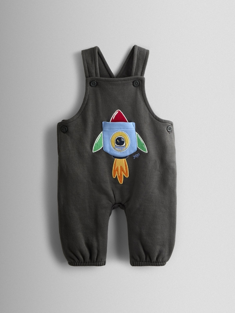 JoJo Maman Bébé Charcoal Grey Rocket 2-Piece Turn Up Dungarees & Top Set - Image 2 of 7