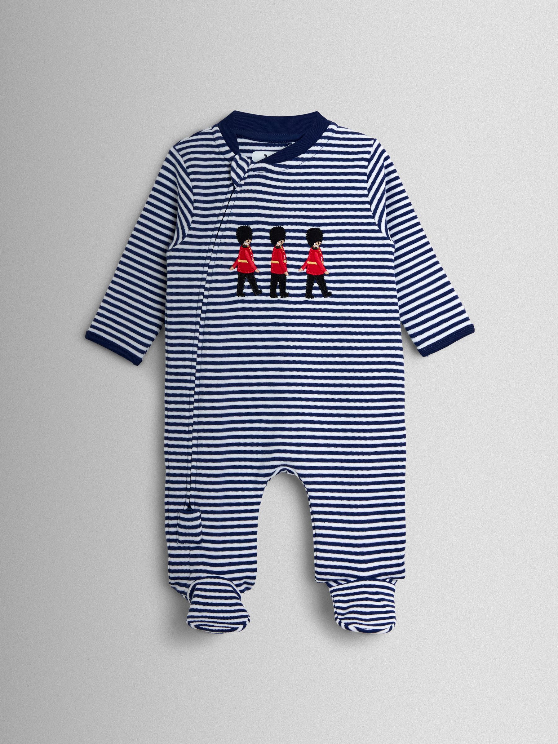 Jojo Maman Bébé White Navy Stripe Soldier Appliqué Cotton Sleepsuit